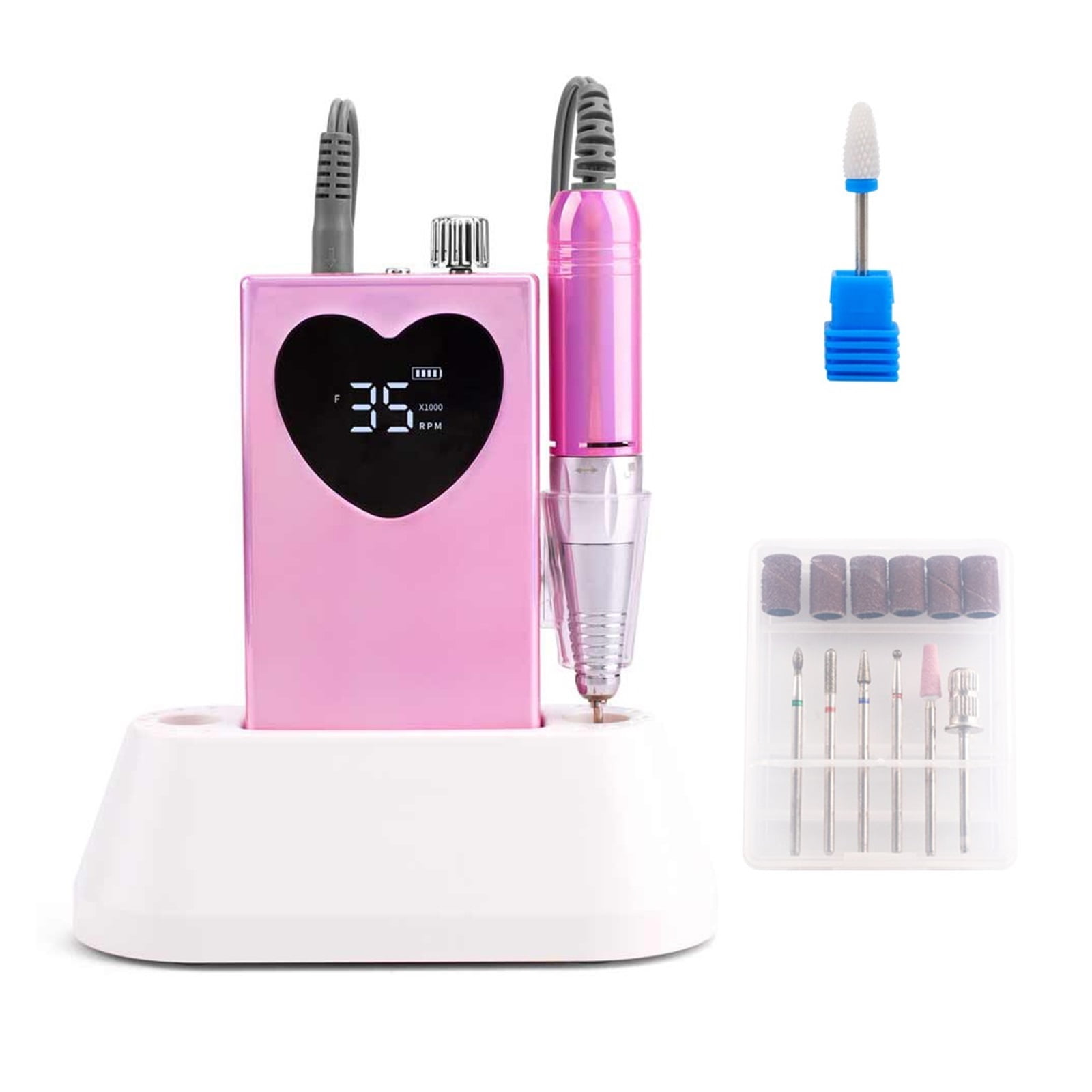 Irregular Display 35000RPM Portable Nail Drill With Desktop Base Cordless Battery Drilling Machine Pink Handle Wireless File ,Lightweight and Portable