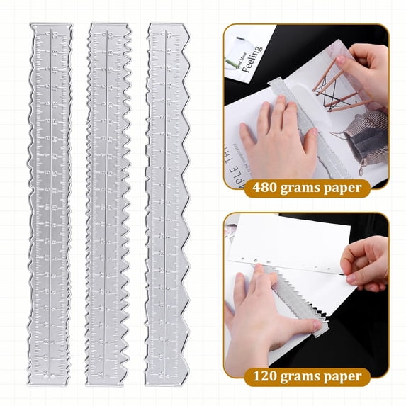 Irregular Edge Ruler, 3 Pack 8.4 Inch Ruler with Wavy, Scalloped Edges, Metal Craft Ruler for Measuring, Embossing, Cutting Paper, Scrapbooking Tool, By Kingtowag
