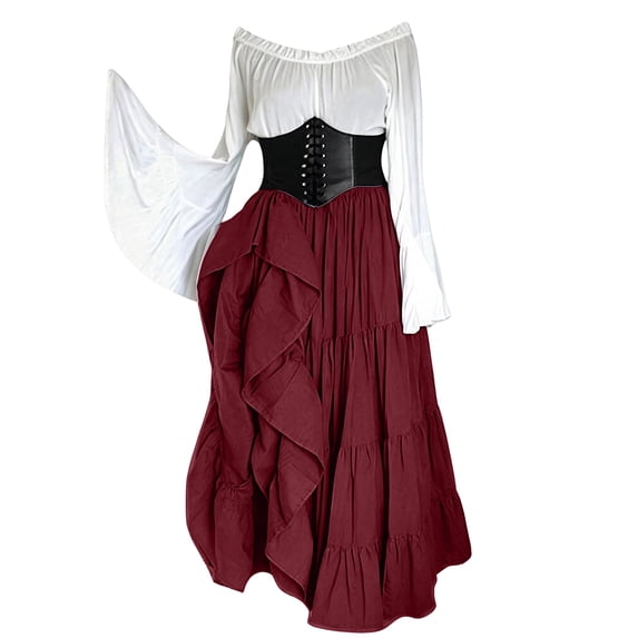 Irregular Flowy Pirate Skirt, Off Shoulder Ruffle Renaissance Skirt Outfit, Corset High Waist Tiered Irregular Medieval Flowy Maxi Skirt for Halloween Pirate Cosplay Party, Wine M