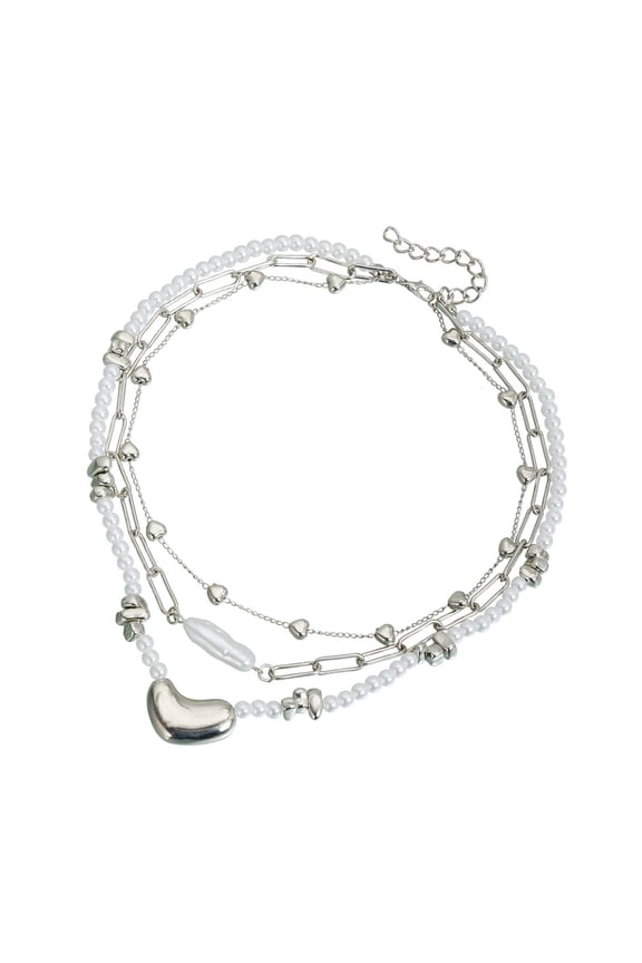 Irregular Heart Pendant Multi Strands Pearls Necklace Alloy Jewelry Womens Fashion Statement Clavicle Chain