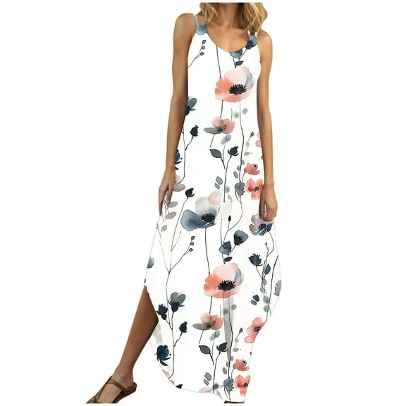 Irregular Hem 2025 Summer Dress for Women Casual Baggy Floral Printed Dress with Pockets Holiday Beach Resort Outfit