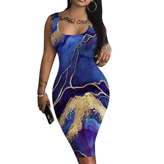 Irregular Hem Bodycon Dresses for Women Sleeveless Sling Dress Slim Fit Elastic Square Neck Dress Elegant Print Comfy Summer Sundress