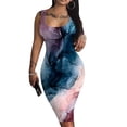 thumbnail image 1 of Irregular Hem Bodycon Dresses for Women Sleeveless Sling Dress Slim Fit Elastic Square Neck Dress Elegant Print Comfy Summer Sundress, 1 of 4