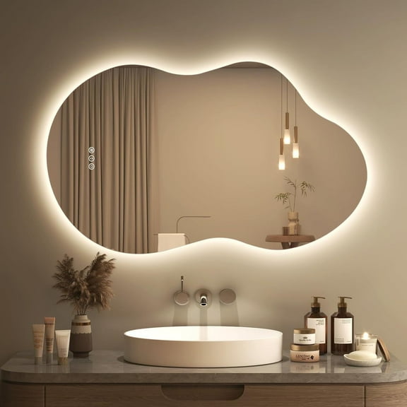 Irregular 36"x 24" Led Bathroom Mirror with Lights, Backlit Cloud-Shape Vanity Mirror for Wall, Dimmable 3 Colors Asymmetrical Mirror, Memory Function