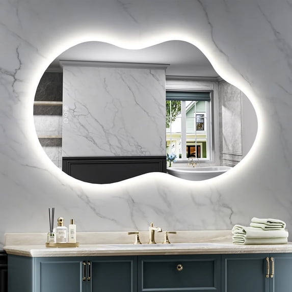 Irregular 40"x 24" Led Bathroom Mirror with Lights, Backlit Cloud-Shape Vanity Mirror for Wall, Dimmable 3 Colors Asymmetrical Mirror, Memory Function
