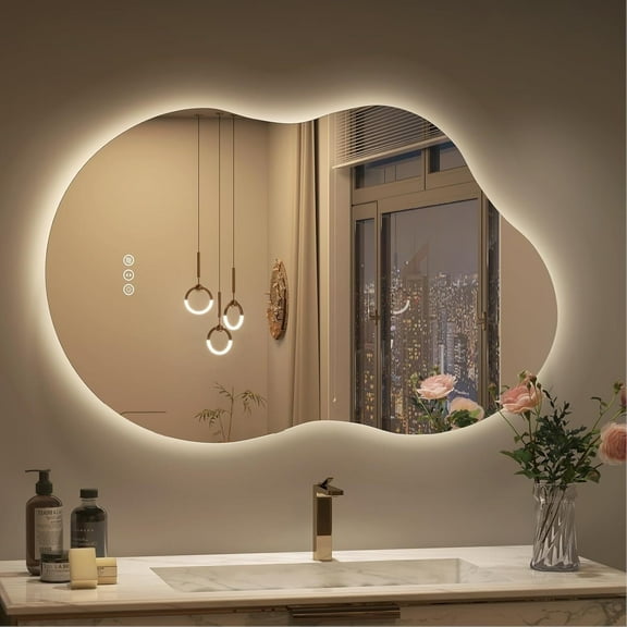 Irregular 40"x 24" Led Bathroom Mirror with Lights, Backlit Cloud-Shape Vanity Mirror for Wall, Dimmable 3 Colors Asymmetrical Mirror, Memory Function