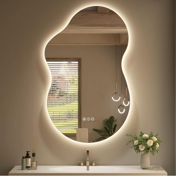 Irregular 32"x 24" Led Bathroom Mirror with Lights, Backlit Cloud-Shape Vanity Mirror for Wall, Dimmable 3 Colors Asymmetrical Mirror, Memory Function