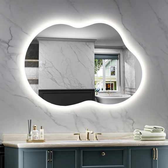 Irregular 36"x 24" Led Bathroom Mirror with Lights, Backlit Cloud-Shape Vanity Mirror for Wall, Dimmable 3 Colors Asymmetrical Mirror, Memory Function