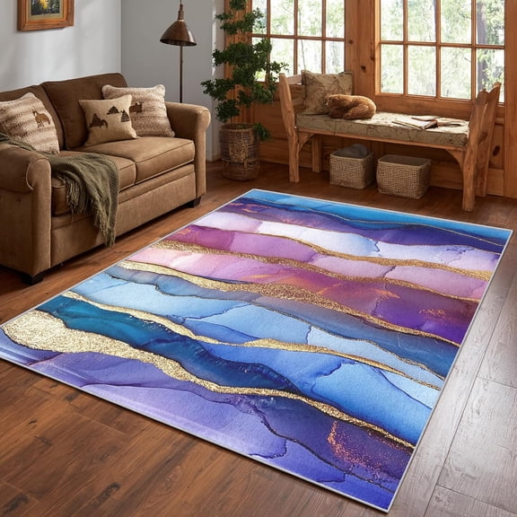 Irregular Marble Abstract Area Rug, Blue Purple Gold Pattern Carpet, Washable Non Slip Low Pile Soft Thin, Living Room Bedroom Home Decor Mat 2x3ft(Small)