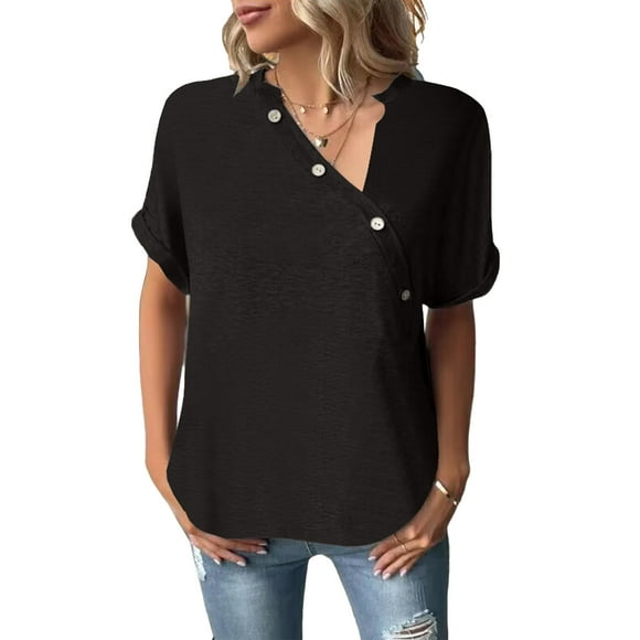 Irregular Neck Curved Hem Roll Sleeves Pure Color Shirt