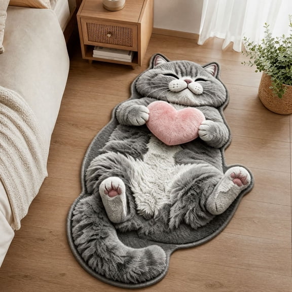 Irregular Novelty Cat Door Mat, 3D Sleeping Cat Themed Area Rug, Non‑Slip Backing Floor Mat for Bedroom, Entryway, Bedside Indoor Home Decoration