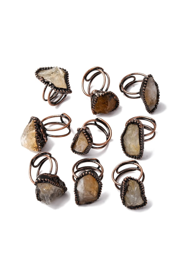 Irregular Oval Natural Citrine Adjustable Rings Red Copper Tin Finger Ring Cadmium Free Lead Free Inner Diameter: 18~19mm