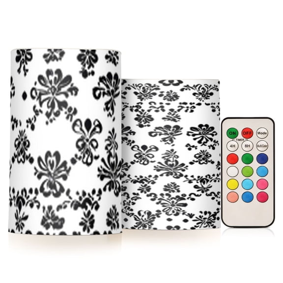 Irregular Pattern Black and White Print Flickering Flameless Candles Battery Operated with Remote Timer LED Pillar Candles Set of 2