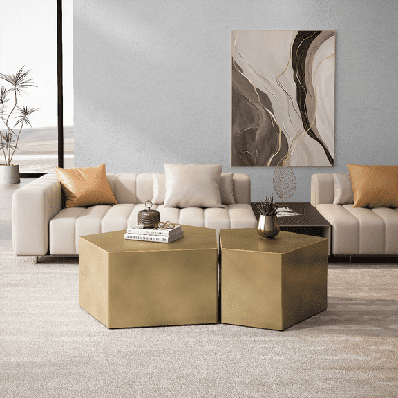 Irregular Pentagon Nesting Coffee Table Set - Antique Gold, Set of 2 Pieces!