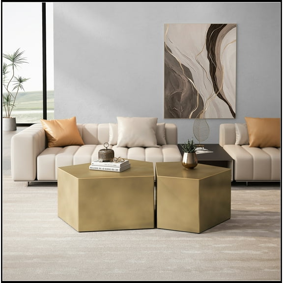Irregular Pentagon Nesting Coffee Table Set, Geometric Coffee Table Set, Side Table Set, Cocktail Table Set, Center table set for Living Room, Antique Brass, Antique Gold,Copper Gold(Set of 2 Pieces)