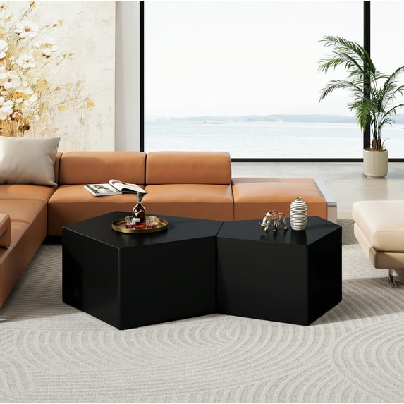 Irregular Pentagon Nesting Coffee Table Set, Geometric Coffee Table Set, Side Table Set, Cocktail Table Set, Center table set for Living Room, Bedroom, Black(Set of 2 Pieces)