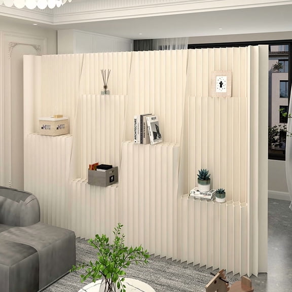 Irregular Recessed Display Kraft Paper Room Divider, Freestanding Foldable Accordion Partition Wall, Cream White Vertical Ribbed Privacy Screen for Entryway Salon Exhibition