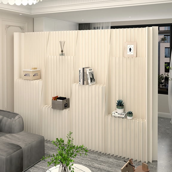 Irregular Recessed Display Kraft Paper Room Divider, Freestanding Foldable Accordion Partition Wall, Cream White Vertical Ribbed Privacy Screen for Entryway Salon Exhibition