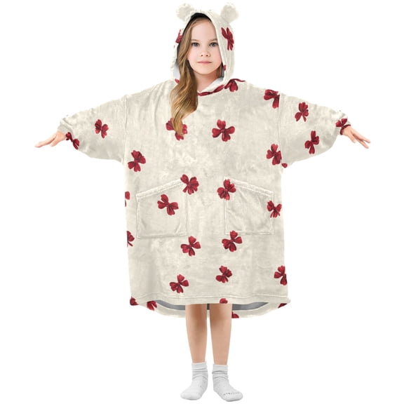 Irregular Red Bows Flannel Wearable Blankets Hooded Design Long Sleeves Wrap Unisex for 3T-14Y M
