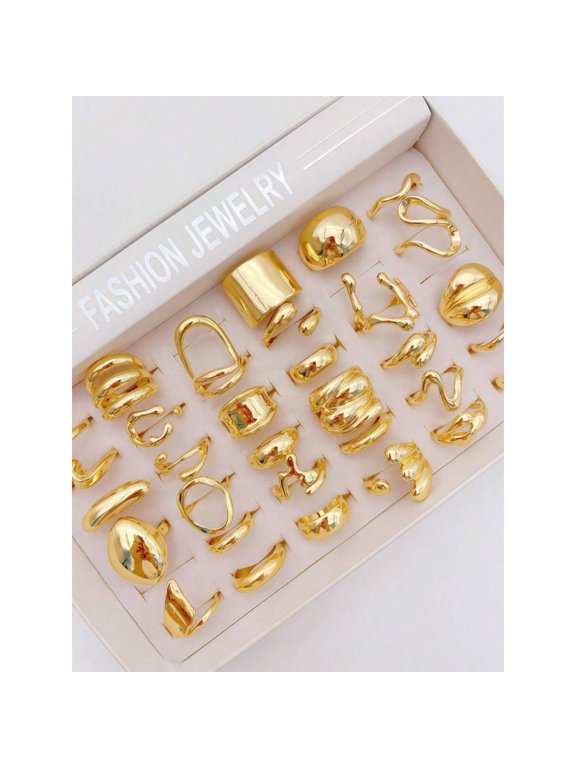 Irregular Ring Set: 15pcs Goldtone Asymmetrical Liquid Shape Wavy Textured Stackable Rings For Daily & Party Wear