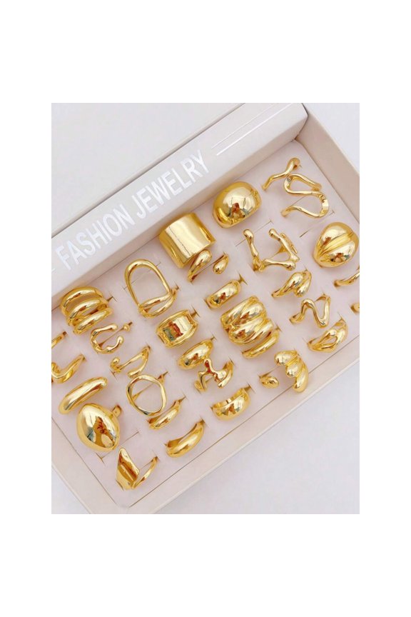 Irregular Ring Set: 15pcs Goldtone Asymmetrical Liquid Shape Wavy Textured Stackable Rings For Daily & Party Wear