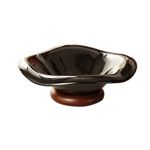 Irregular-Shaped Fruit Bowl Wooden Base Glossy Ceramic Serving Dish Tableware for Kitchen Living Room