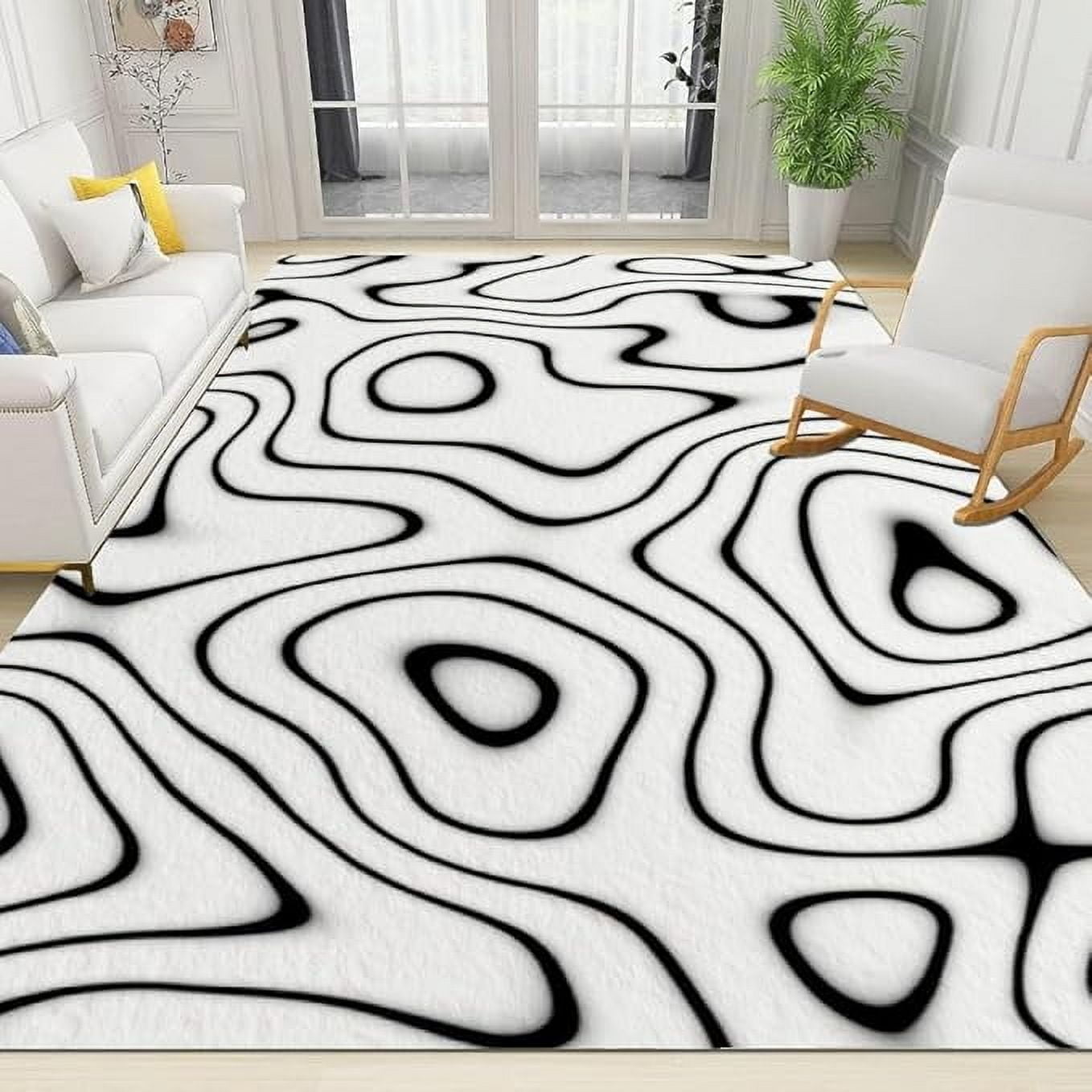 Irregular Shaped Wave Area Rug, Abstract Illusion Rug, Black Lines Home ...