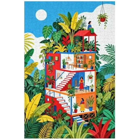Irregular Shapes Green Tree House 1000 Piece Jigsaw Puzzle for Adults, Unique Hard Puzzle with Color on Back, Creative DIY Puzzle, Family Game Night, Challenging Brain Exercise, Home Decoration Gift