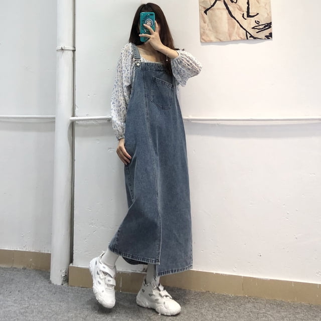 Irregular Slit Denim Strap Dress For Women Vintage Loose Long Sundress Female Spring Summer All Match Jean Dresses SH
