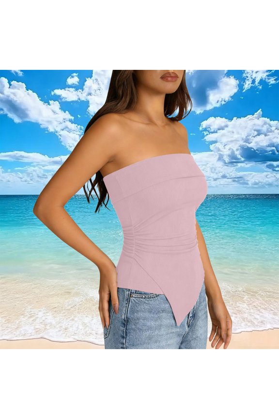 Irregular Slit Front Ruched Bodice Top Bodycon Strapless Crop Shirt for Night Out Light Pink M