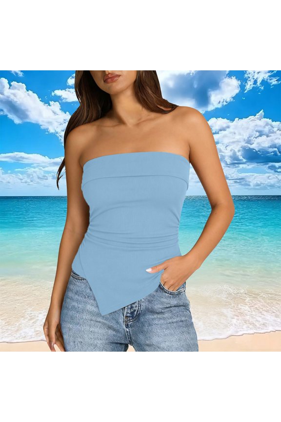 Irregular Slit Front Ruched Bodice Top Bodycon Strapless Crop Shirt for Night Out Sky Blue M