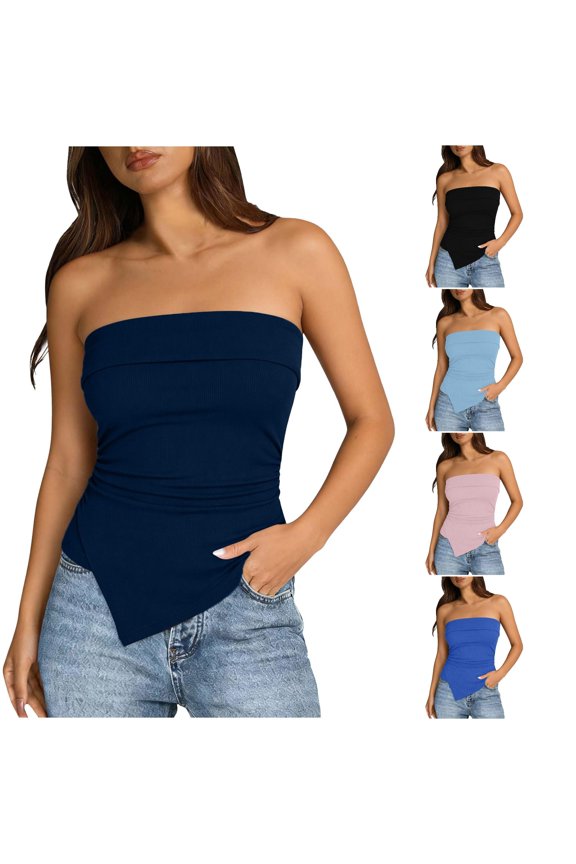 Irregular Slit Front Ruched Bodice Top Bodycon Strapless Crop Shirt for Night Out Strapless Bra Larger Women