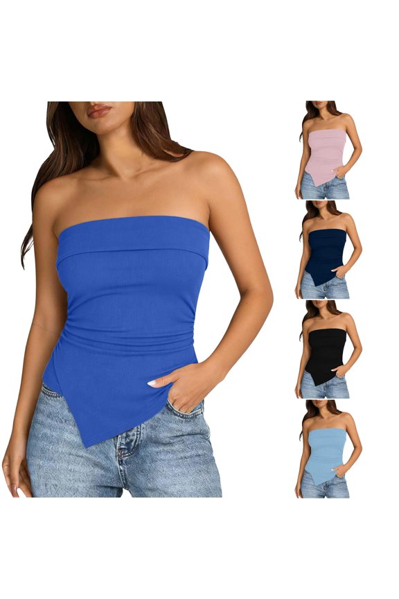 Irregular Slit Front Ruched Bodice Top Bodycon Strapless Crop Shirt for Night Out Strapless Bra Larger Women
