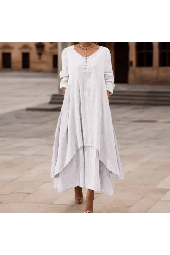 Irregular Solid Long Dress Sleeve Long Women Casual Loose O Neck Dress Women's Dress Rayon Dresses for Women Summer Dresses with Long Sleeves Maxi Dress with Pockets Ruffle Dresses for Women Summer
