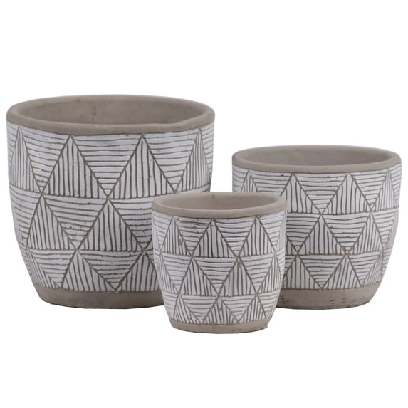 Benzara Irregular Stoneware Pot with Embossed Lattice Triangle Design - Set of 3