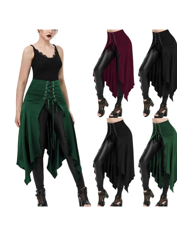 Irregular Strappy Skirt in Victorian Lolita Style, Women's Steampunk Vintage Fashion Skirt, Gothic Renaissance High Waist Midi Skirt Green S