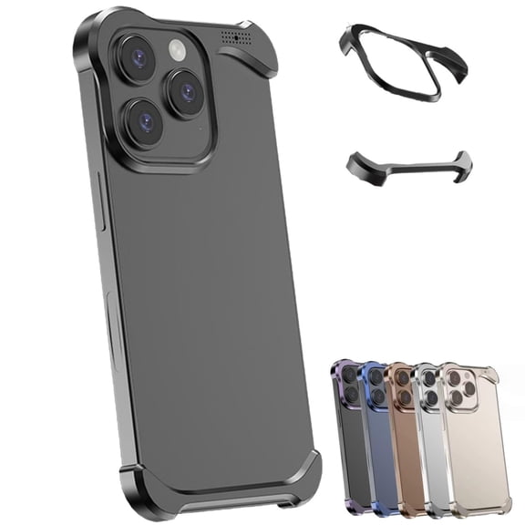 Irregular Titanium Alloy Bumper Case with Lens Protector, Special-Shaped Corner Armor Phone Case, Shockproof Borderless Protective Cover for iPhone 17/16/15/14/13 Pro Max Silver