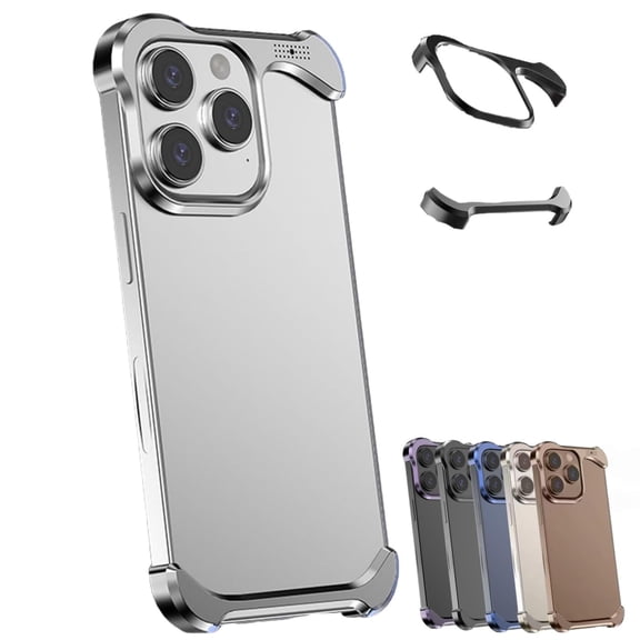 Irregular Titanium Alloy Bumper Case with Lens Protector, Special-Shaped Corner Armor Phone Case, Shockproof Borderless Protective Cover for iPhone 17/16/15/14/13 Pro Max Silver