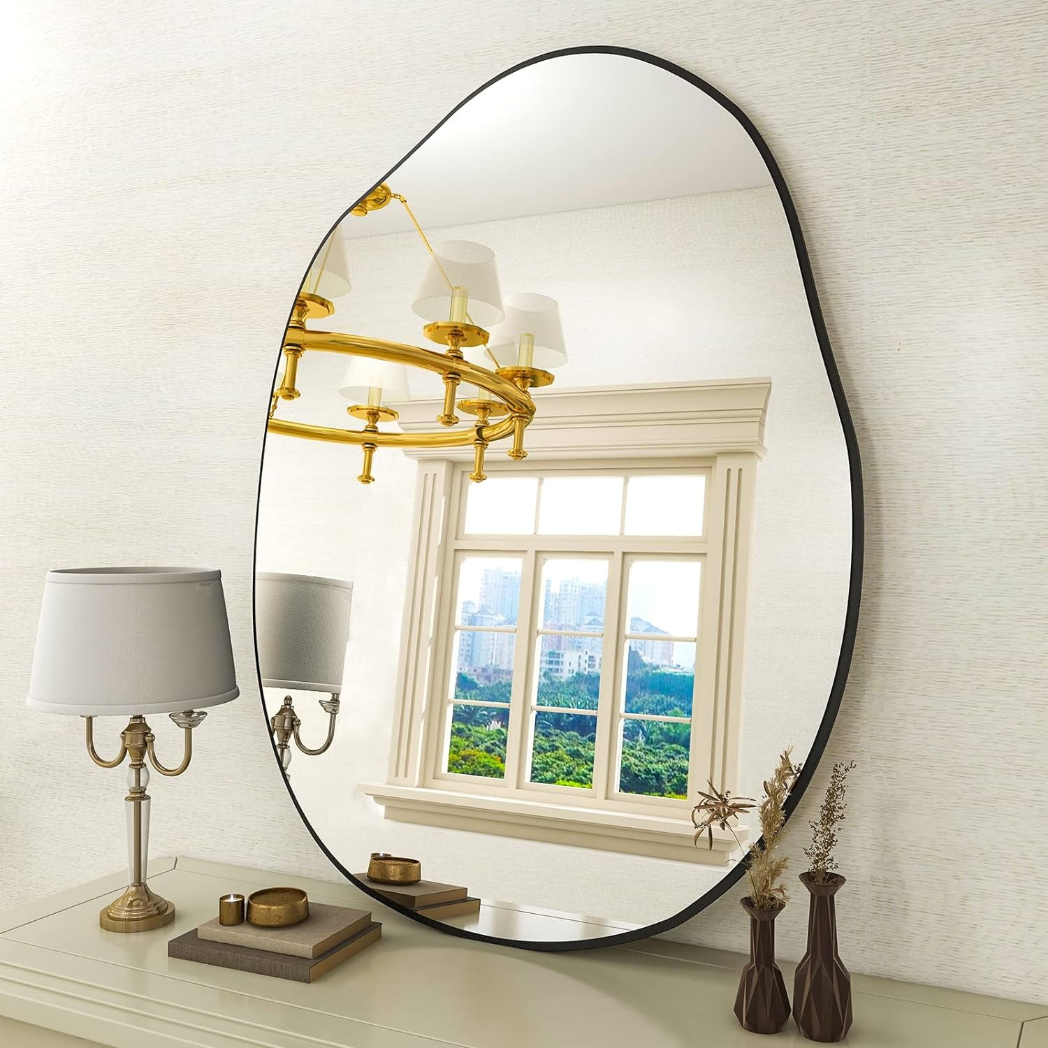 Irregular Wall Mirror 26"x40" Black Asymmetrical Bathroom Mirror Wood