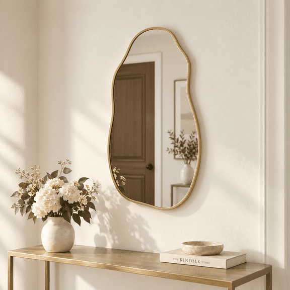 Irregular Wall Mirror, 30"x16.5" Gold Aluminum Frame Tempered Glass Mirror for Bathroom & Bedroom & Entryway
