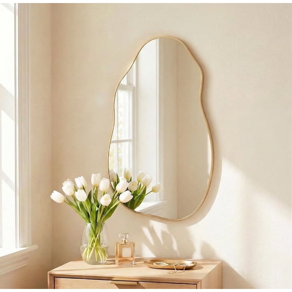 Irregular Wall Mirror 30"x16.5", Small Asymmetrical Mirror for Powder Room, Matte Gold Rust Proof Aluminum, Tempered Glass Wavy Mirror for Bedroom Makeup, Hallway & Aesthetic Room Decor