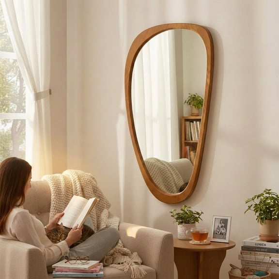 Irregular Wall Mirror 48"24" with Solid Wood Frame, Organic Mid-Century Modern Decorative Full-Length Wall Mirror for Living Room, Entryway, Bedroom & Bathroom