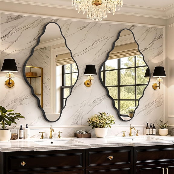 Irregular Wall Mirror, Abstract Wavy Decorative Mirror for Bathroom Aviation Aluminum Frame, 42"x26" Single Black