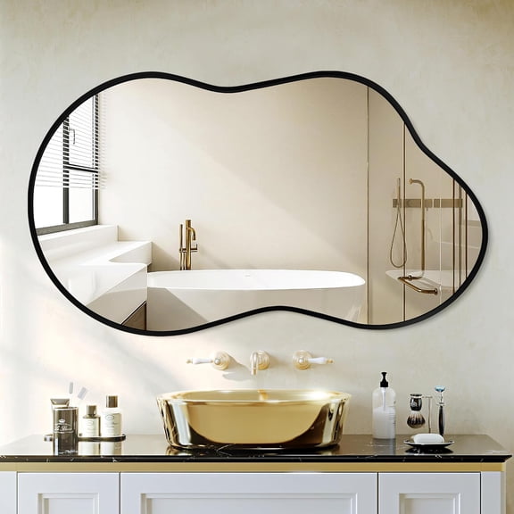 Irregular Wall Mirror Decorative 20"x36" Black Asymmetrical Mirror Aviation Aluminum Frame for Bathroom