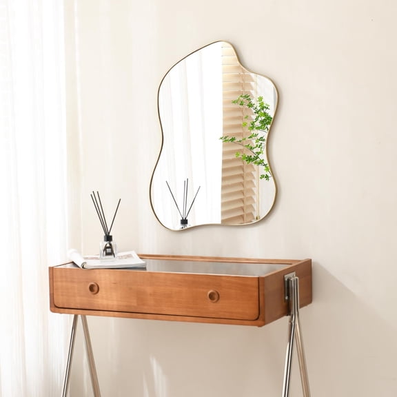 Irregular Wall Mirror  Wave Shaped Metal Framed Wall Mirror for Bathroom Bedroom Entryway Living Room Wall Decor 24" L x 18" W 2305Gold
