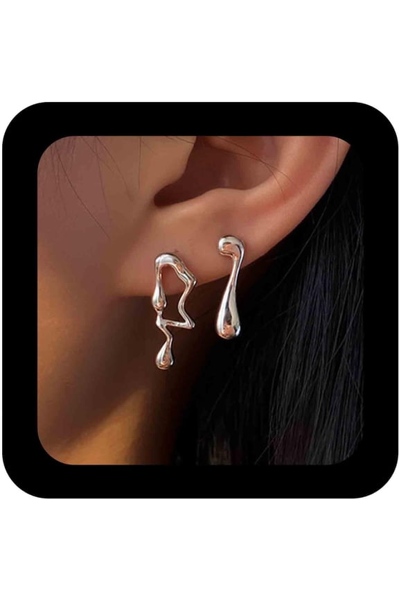 Irregular Waterdrop Earrings Silver Liquid Dangle Earrings Metal Liquid Drop Earrings Minimalist Drip Stud Earrings Jewelry for Women