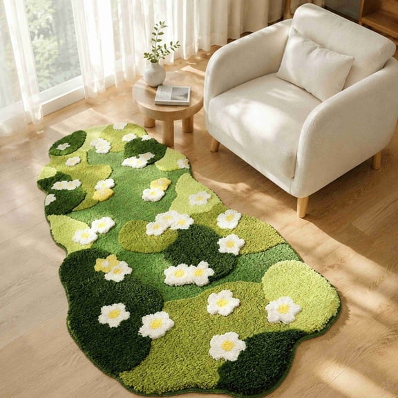 Irregular Wavy Green Algae Tufted Runner Rug, 15.75*23.62in Soft Floral Pattern Area Carpet, Non Slip Absorbent Mat for Bedroom Bedside Bathroom Home Decoration