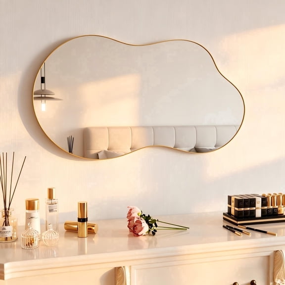 PAIHOME Abstract Wall Mirrors 20"×36" – Gold Asymmetrical Wavy Decorative Bathroom Mirrors for Bedroom Living Room