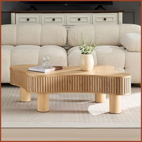 Irregular Wood-Look Coffee Table for Living Room – Sturdy Rubber Wood Legs, Space-Saving & Easy Assembly