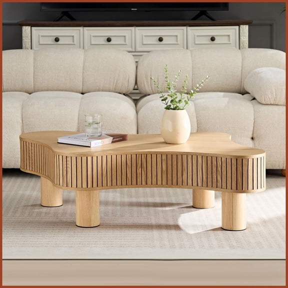 Irregular Wood-Look Coffee Table for Living Room – Sturdy Rubber Wood Legs, Space-Saving & Easy Assembly